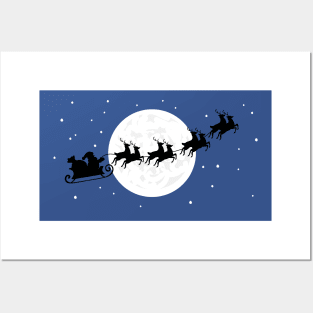 Santa Sleigh silhouette with moon and falling snow Posters and Art